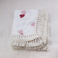 Detail of double-layer cotton baby blanket with red heart prints and tassel lace edges - Custom Size / Heart