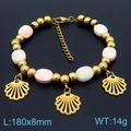 Pink and white beaded titanium steel bracelet with gold beads and fan charms - Shell Scallop Style (KB183097-MN)