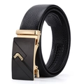 Close-up of black lychee texture leather belt with gold geometric alloy buckle - Alloy/PVC / 120cm / Gold