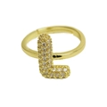 Gold balloon bubble style open ring with letter L paved in sparkling cubic zirconia - Adjustable Open / Gold-L