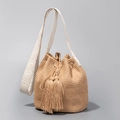 Bohemian woven bucket bag in khaki with large tassels and geometric patterned strap - 22cmx22cmx17cm / Khaki