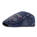 Retro dark blue washed denim beret with colorful letter embroidery and metal buckle - Dark Blue