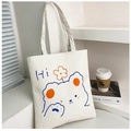 White canvas tote bag with blue cartoon bear print and wide comfortable shoulder strap - White Style 5 (Hi Bear)