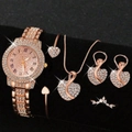 Luxury rose gold watch and jewelry set featuring crystals on velvet display - Watch, Necklace, Bracelet, Earrings And Ring Set / Rose Gold