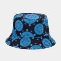 Detail of vintage black bucket hat featuring blue mandala and evil eye pattern embroidery - Black