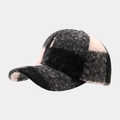 Close-up of pink and black plaid textured baseball cap with warm sherpa fleece fabric - Color 2 / Black and Pink Plaid