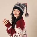 Striped cat ear knit beanie in black, gray and orange with tassels for women - 108-Grey Orange