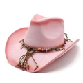 Ροζ πλεκτό δυτικό καπέλο cowboy με ντεγκραντέ χρώμα και μποέμ δερμάτινη ζώνη με χάντρες - M (56-58cm) / Τριανταφυλλί και Ροζ