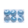 Set of 6 light blue Christmas foam balls with silver glitter patterns in a transparent box - 6cm / Set of 6 / Light Blue