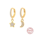 Asymmetric S925 sterling silver gold hoop earrings with star and moon zircon charms - Gold-White Zircon