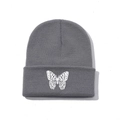 Grey knit beanie featuring white butterfly embroidery for streetwear style - One Size / Glacier Grey