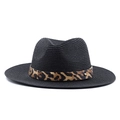 Detail of black straw fedora with leopard print band and golden rivet accent - Black