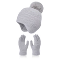 Hellgraues Winter-Strickset mit flauschiger Mütze und passenden Handschuhen für Damen - Hellgrau