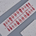Red almond press-on nails with white flower patterns and golden beads, 24pcs set - Wy-051 / 10 Pieces In Xs Size