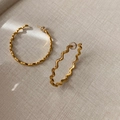 Minimalist oval golden hoop earrings with unique wavy texture and metallic finish - Gold Wave Texture Round Style (103#)