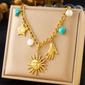 Close-up of gold-plated sun and palm pendants with white pearl and turquoise accents - Sun Hamsa Hand Star Moon (N3171)