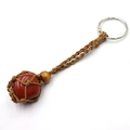 Handmade woven mesh keychain with red natural stone and adjustable brown braided cord - Red Stone + Brown Mesh Keychain