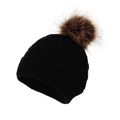 Classic black knitted winter beanie for kids with a fluffy brown faux fur pom pom ball - One Size / Black