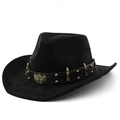 Schwarzer Cowboyhut aus Wildlederimitat mit Lederband, Nieten und Adler-Metallemblem - M(56-58cm) / Schwarz