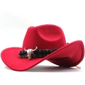 Detail of red western cowboy hat featuring ethnic woven band and silver bull head buckle - Red
