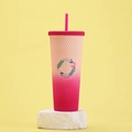 Pink gradient 710ml studded tumbler with straw and Best Mom Ever floral design - Gradient Pink