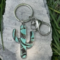 Western style cactus keychain with embossed leopard leather insets on natural stone - 5-Teal Embossed