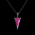 Close-up of arrow pendant necklace with glowing pink resin inlays on black background - Rose Red Light