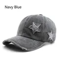 Distressed navy blue washed denim baseball cap featuring sequined stars and vintage details - Navy Blue