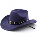 Detail of dark blue faux suede cowboy hat featuring silver skull studs and leather band - M (56-58cm) / Navy Blue