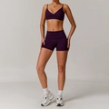 Eco-friendly dark purple yoga set with thin strap sports bra and high-waist shorts - 8998 Bra + 8998 Shorts Grape Purple
