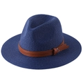 Faltbarer dunkelblauer Sonnenhut aus Geflecht mit braunem Lederband für Damen - M (56-58cm) / Marineblau