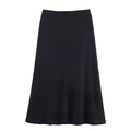 Vue détaillée d'une jupe midi noire évasée à taille haute, en tissu souple avec un beau drapé - XS / Jupe Midi Noire