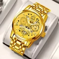 Golden men's mechanical watch with hollow dial design and stainless steel strap - Luminous Skeleton Series / Gold Steel Strap Gold Dial