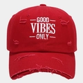 Close-up of red distressed baseball cap with Good Vibes Only white embroidery - Adjustable / Red