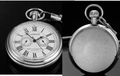 Vintage silver double-open mechanical pocket watch with Roman numerals and metal chain - London Manual Style / Silver