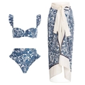 Three-piece bikini set with blue botanical floral print, ruffles and matching sarong - S / Ruffle Bikini Set With Sarong