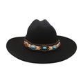 Sombrero de vaquero de fieltro negro con banda decorativa étnica de cuentas turquesa - Negro
