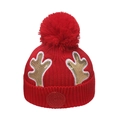 Detail view showing gold sequined reindeer antlers on red knitted Christmas beanie - M / Red