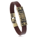 Braunes Lederarmband mit einer Vintage-Bronze-Metallplatte und geometrischer Gravur - Dunkelbraun