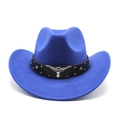 Detail of royal blue cowboy hat featuring a leather band with silver bull head ornament - M (56-58cm) / Blue