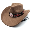 Brown faux suede western cowboy hat with wide brim, ethnic embroidery, and windproof rope - M (56-58cm) / Light Coffee