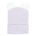 Detail of baby striped knit hat with dual white pom-poms and soft folded brim texture - Purple White