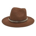 Detail of dark brown straw jazz hat featuring a black leather band with gold rivets - M (56-58cm) / Coffee
