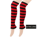 Macro shot of extended red and black striped knit leg warmers with ribbed texture details - Extended 55cm / Red and Black Stripes