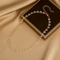 Detail of gold heart link necklace with white pearls on a luxury silk background - 5# Gold Hollow Heart Imitation Pearl Necklace
