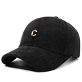Winter-Baseballkappe aus schwarzem Fischgrät-Wollstoff mit goldenem Metallbuchstaben C - Verstellbar / Schwarz