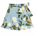 Pantaloncini azzurri a vita alta con stampa di magnolie e cintura annodabile - S / Gonna floreale azzurro