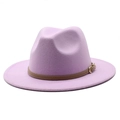 Close-up of lavender wool fedora hat featuring a brown leather band and gold metal buckle - Taro Purple