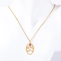 Gold stainless steel zodiac necklace with red gemstone pendant on white mannequin - Aquarius