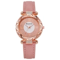 Detail of pink leather watch strap with rose gold rhinestone bezel and white dial face - Pink